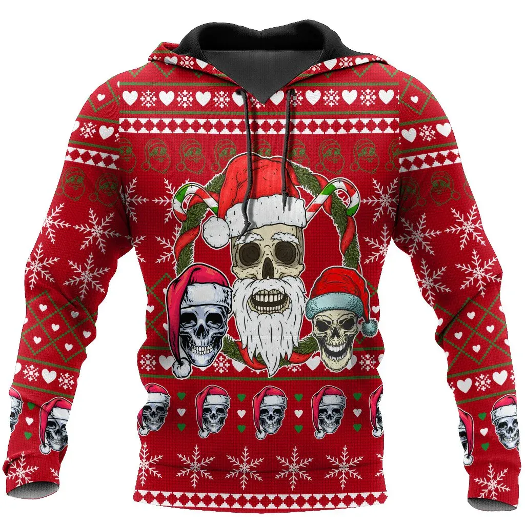 3D All Over Print Hoodie With Skull On Christmas, X Mas Gift For Skull Lover, Skull Xmas Hoodie