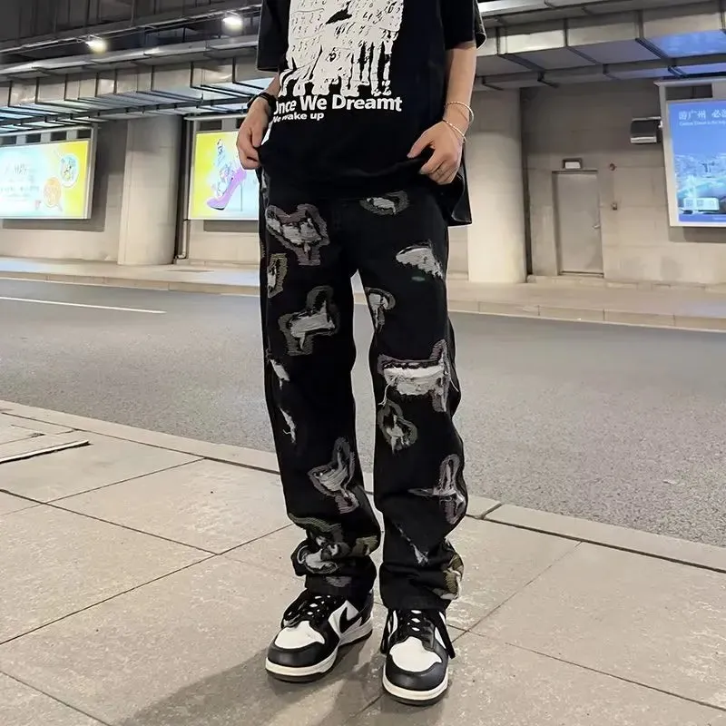 Aidase Autumn Men Jeans Pants Denim Black Cargo Skinny Hip Hop Cross Straight Harajuku Trousers