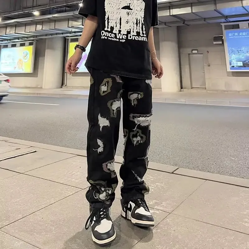 Aidase Autumn Men Jeans Pants Denim Black Cargo Skinny Hip Hop Cross Straight Harajuku Trousers