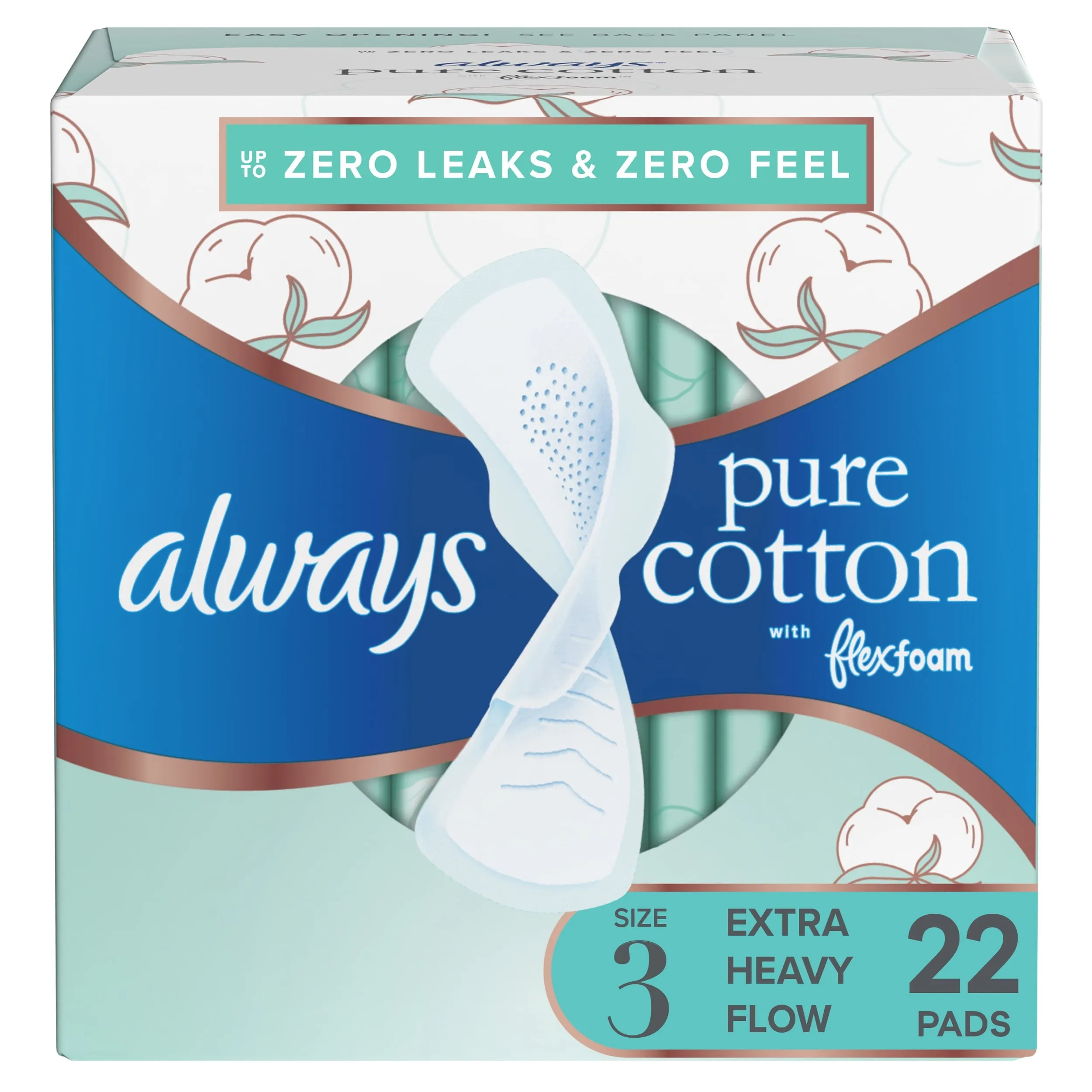 Always Pure Cotton Feminine Pads With WIngs, Size 3, Extra Heavy Absorbency, 22 CT