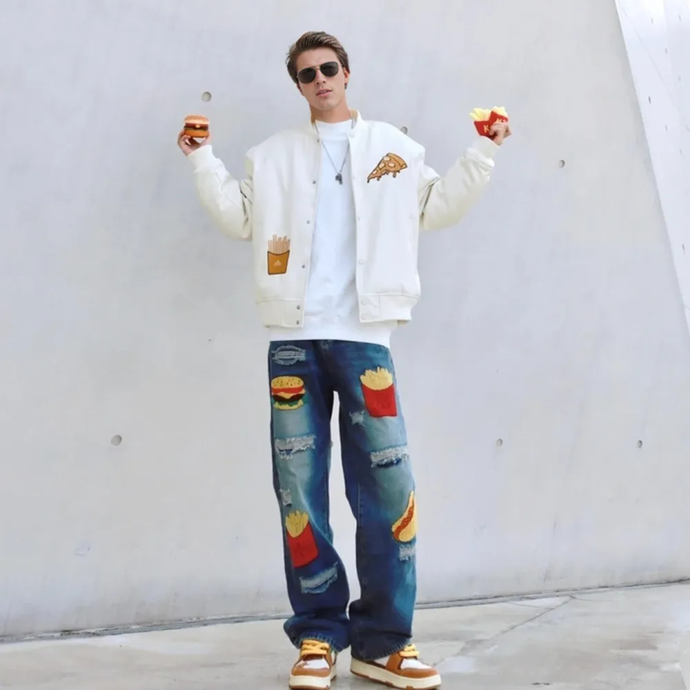 American Hamburger Fries Embroidered Jeans