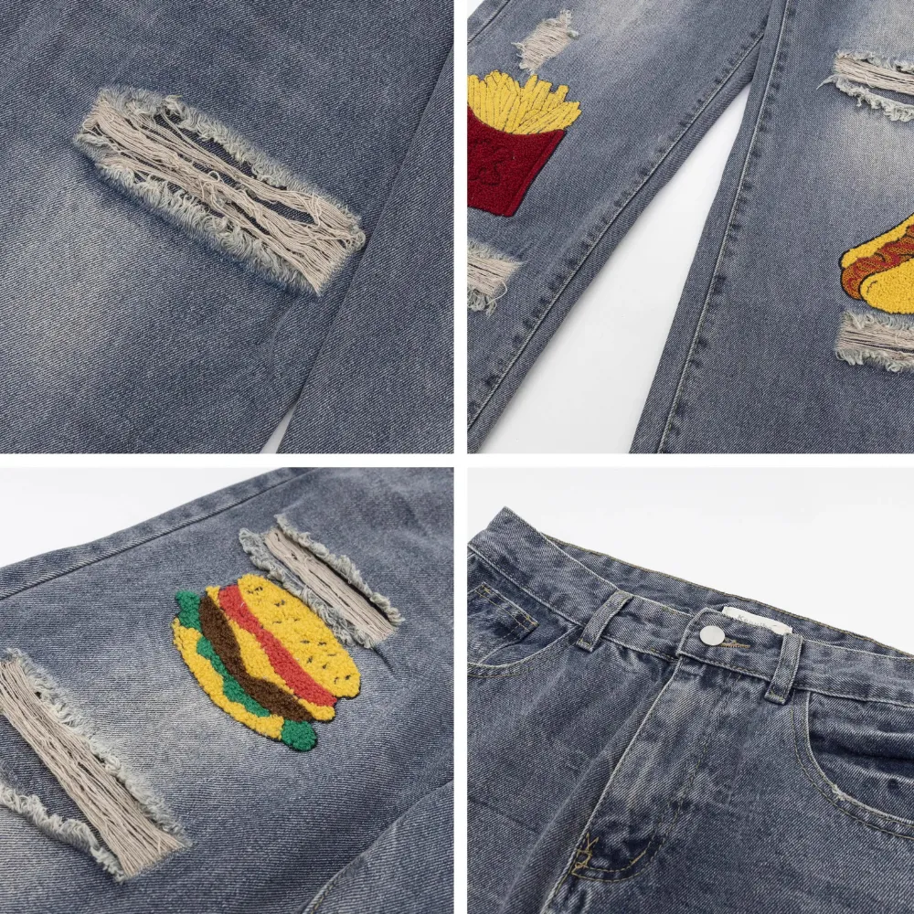 American Hamburger Fries Embroidered Jeans