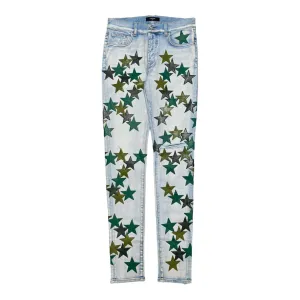 Amiri x Chemist Green Leather Star Patch Jeans Light Indigo