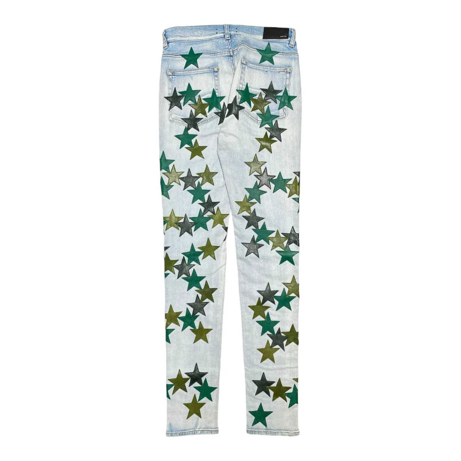 Amiri x Chemist Green Leather Star Patch Jeans Light Indigo