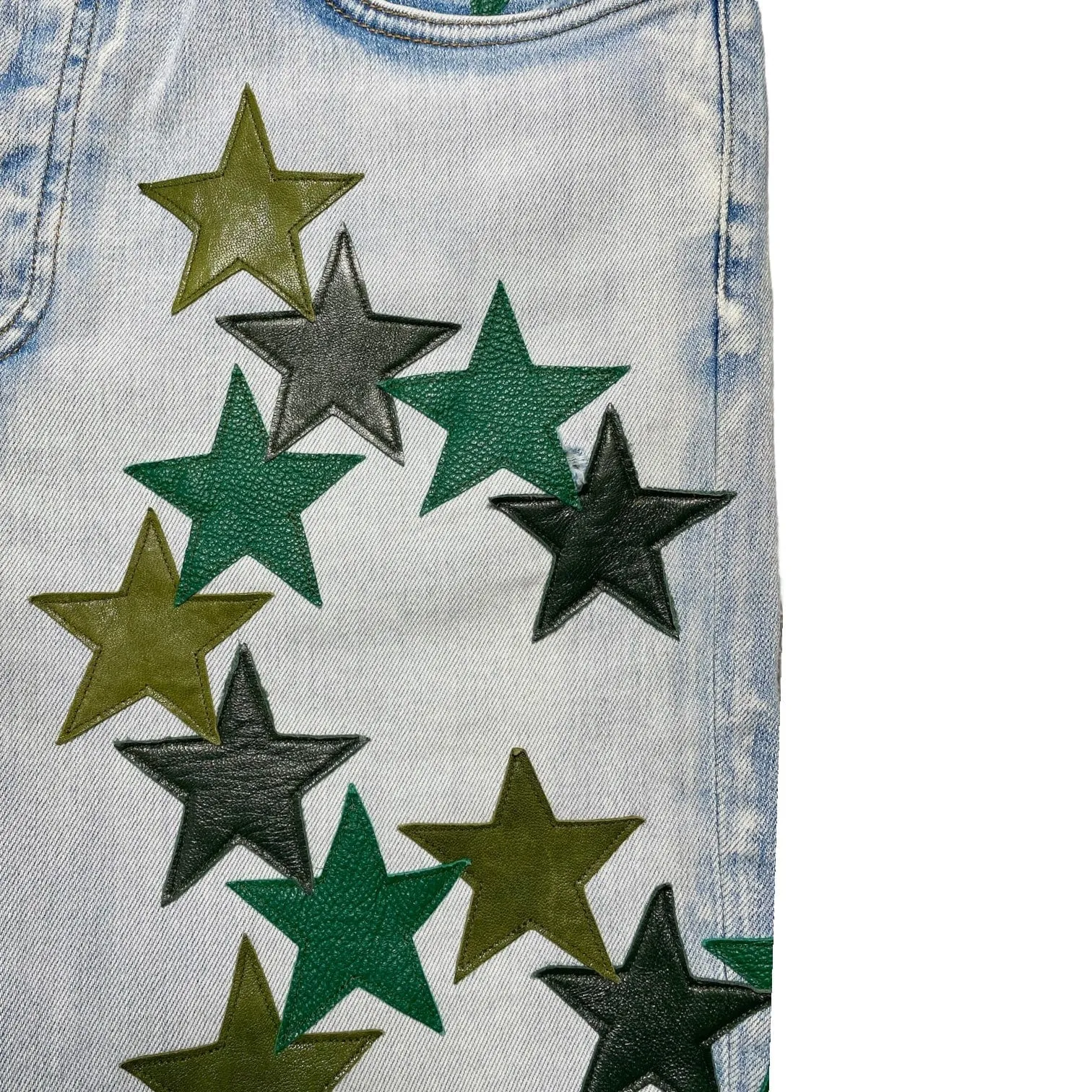 Amiri x Chemist Green Leather Star Patch Jeans Light Indigo