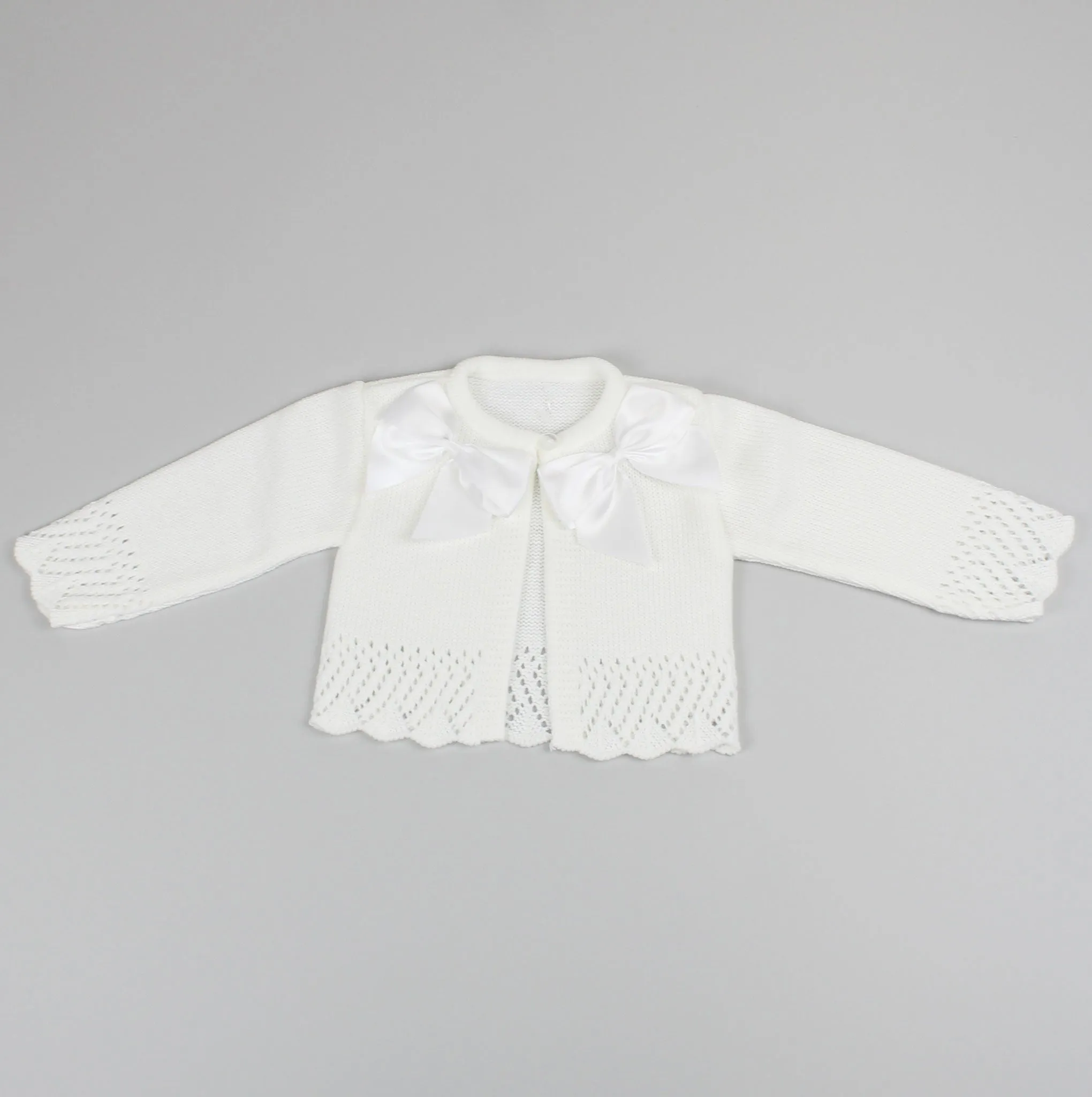 Baby Girls Cardigan - White with Bows to Neck