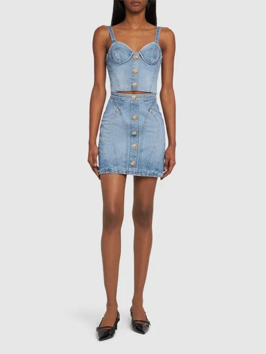 Balmain   Stretch cotton denim corset top 