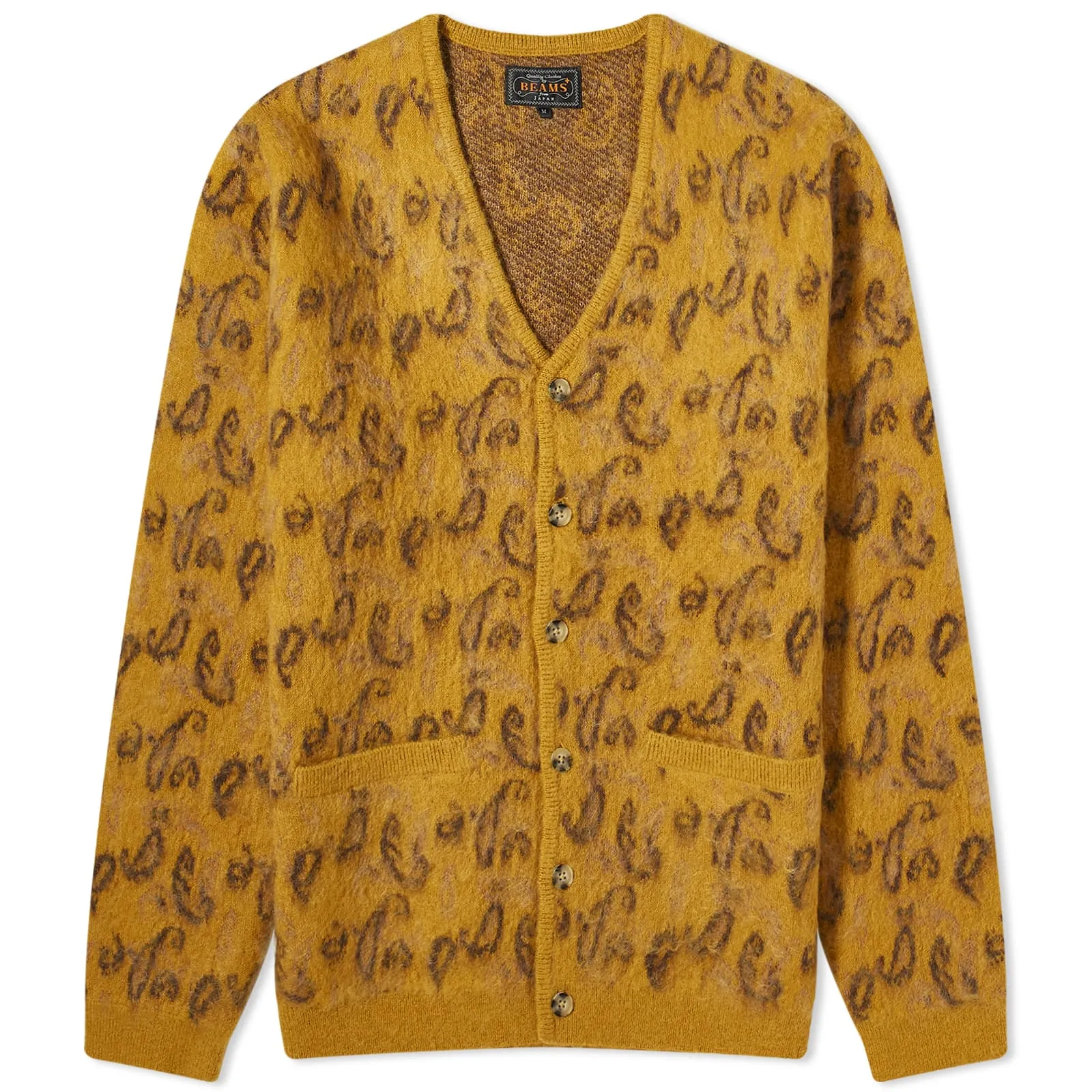 Beams Plus Paisley Jacquard Mohair Cardigan, Mustard