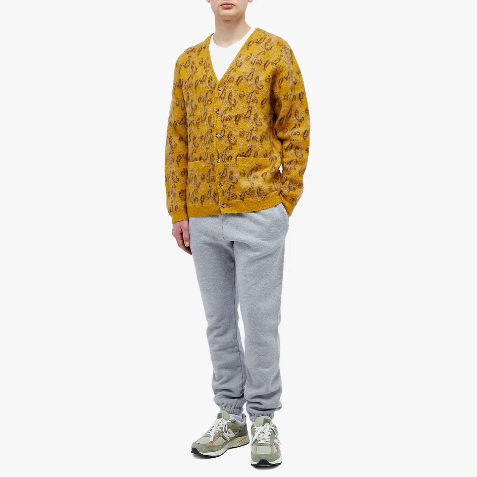 Beams Plus Paisley Jacquard Mohair Cardigan, Mustard