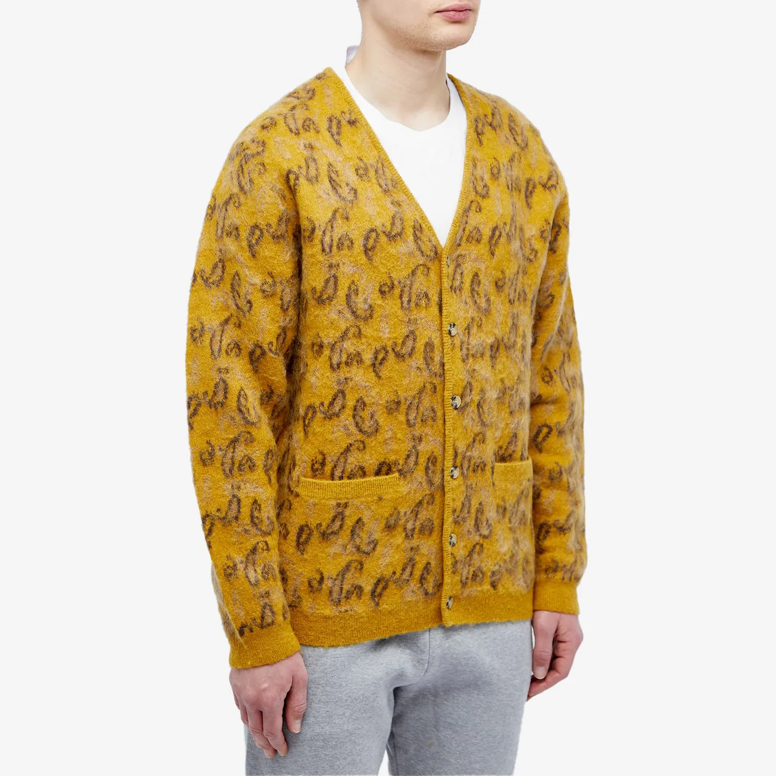 Beams Plus Paisley Jacquard Mohair Cardigan, Mustard