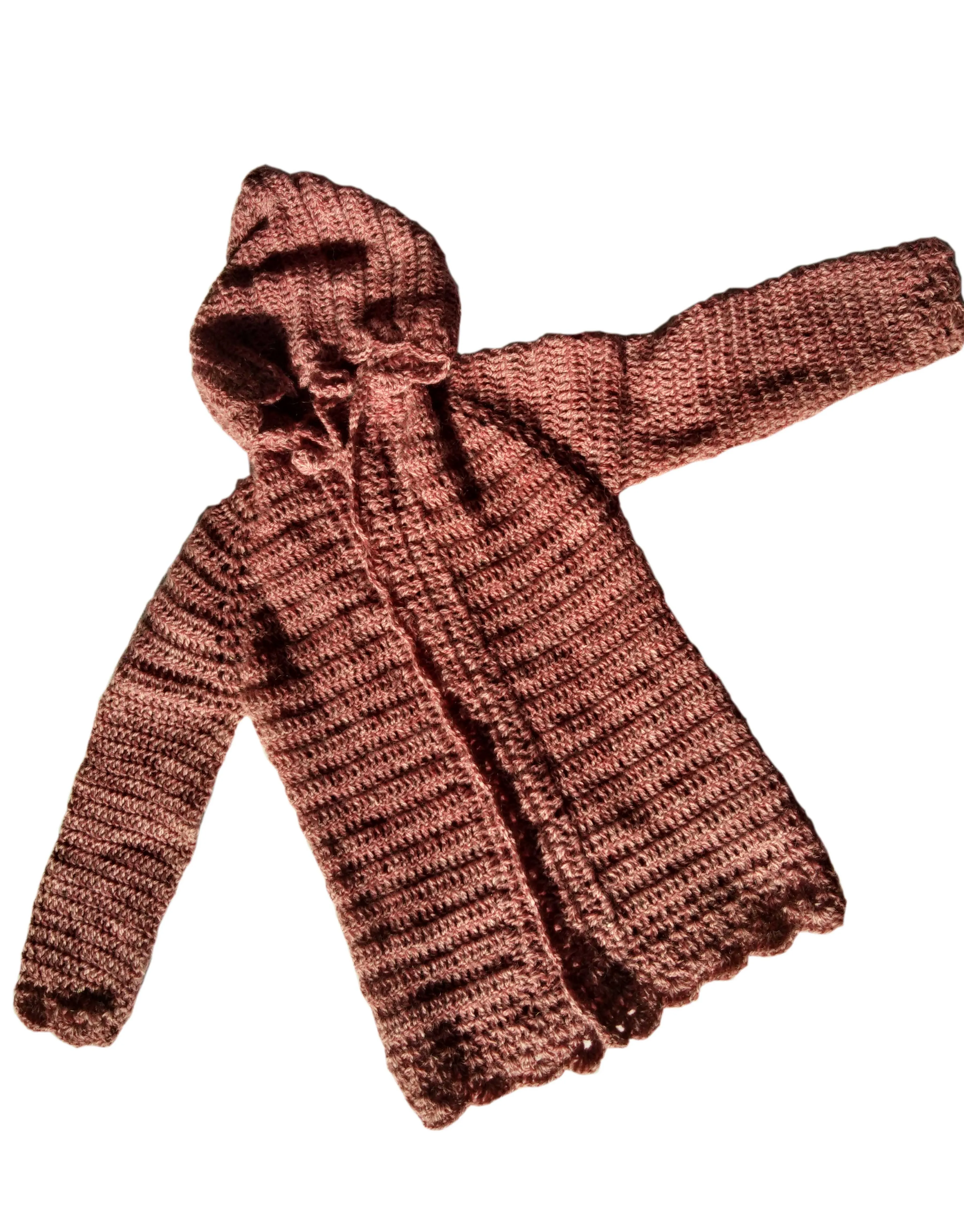 Beautiful Handmade Crochet Design Hooded Full Sleeve Unisex Cardigan - Badami