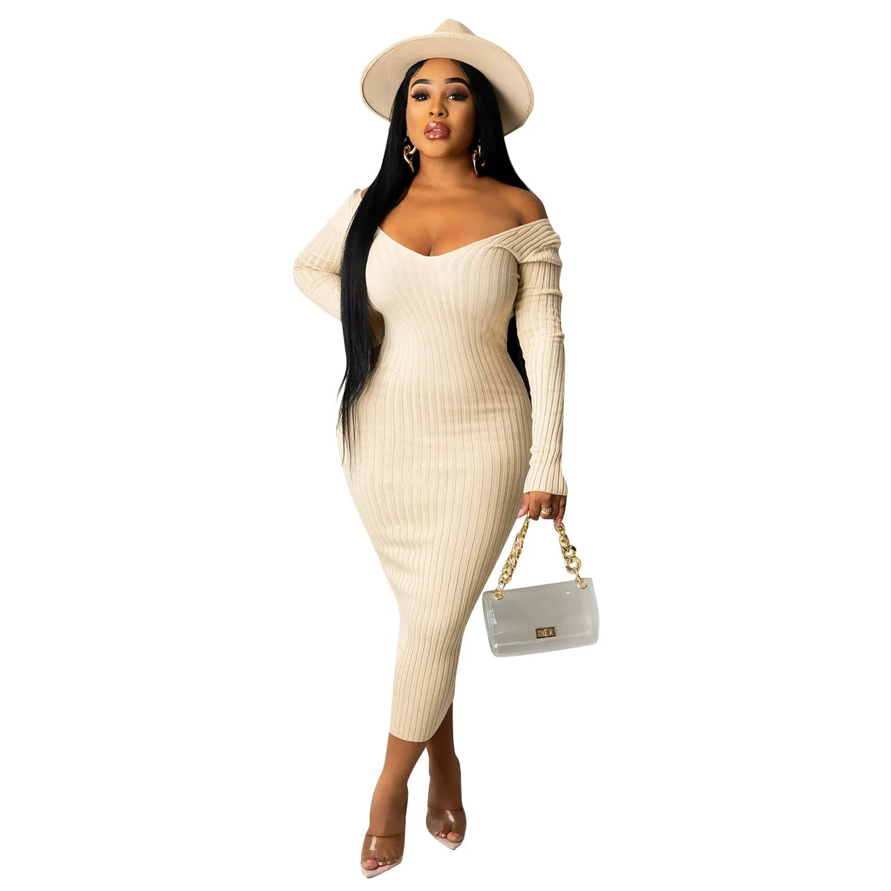 Big V-Neck Solid Ribbed Bodycon Midi Dress