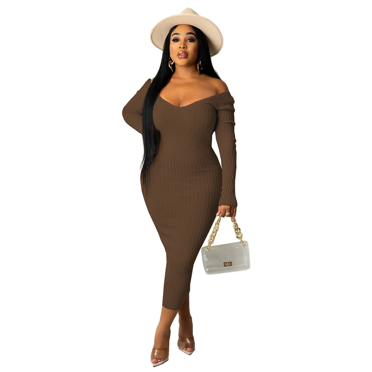 Big V-Neck Solid Ribbed Bodycon Midi Dress