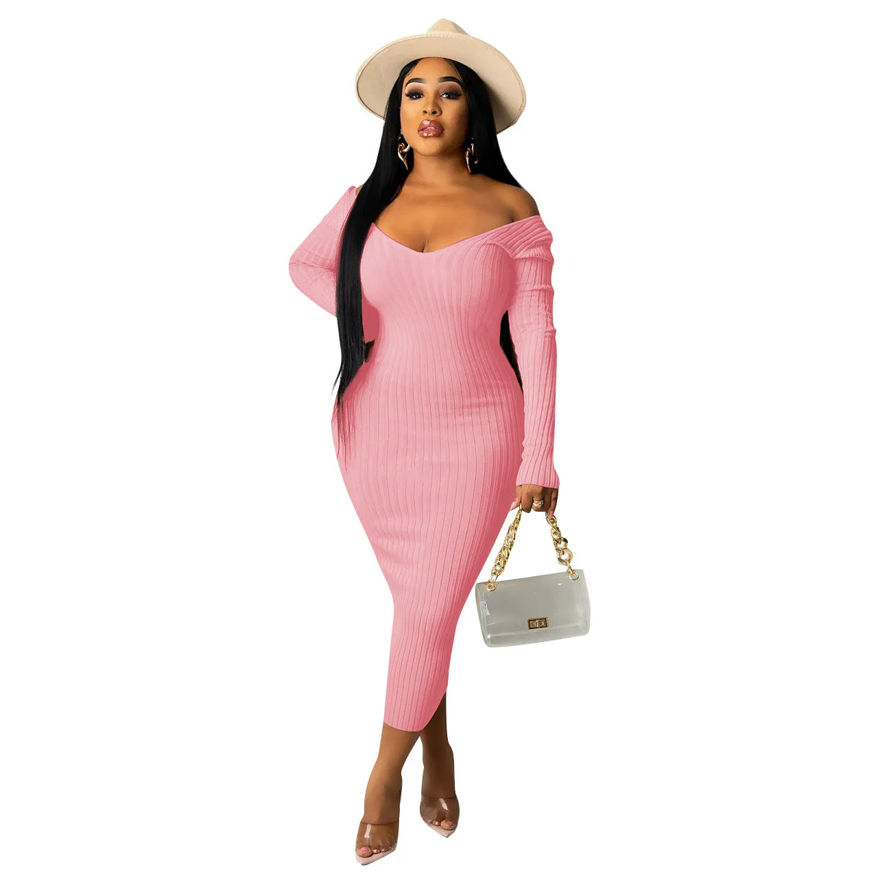 Big V-Neck Solid Ribbed Bodycon Midi Dress