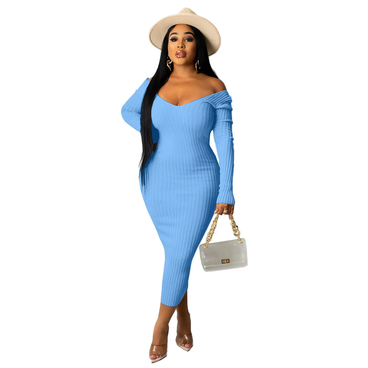 Big V-Neck Solid Ribbed Bodycon Midi Dress