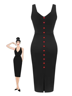 Black 1960s V-Neck Solid Bodycon Dress