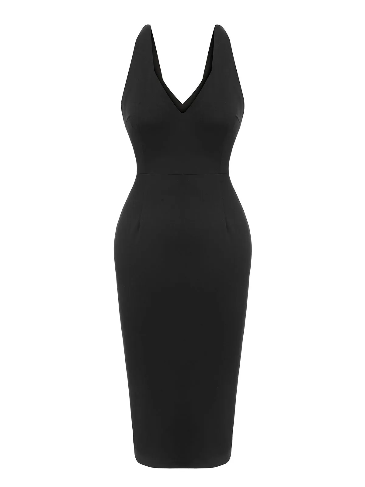 Black 1960s V-Neck Solid Bodycon Dress