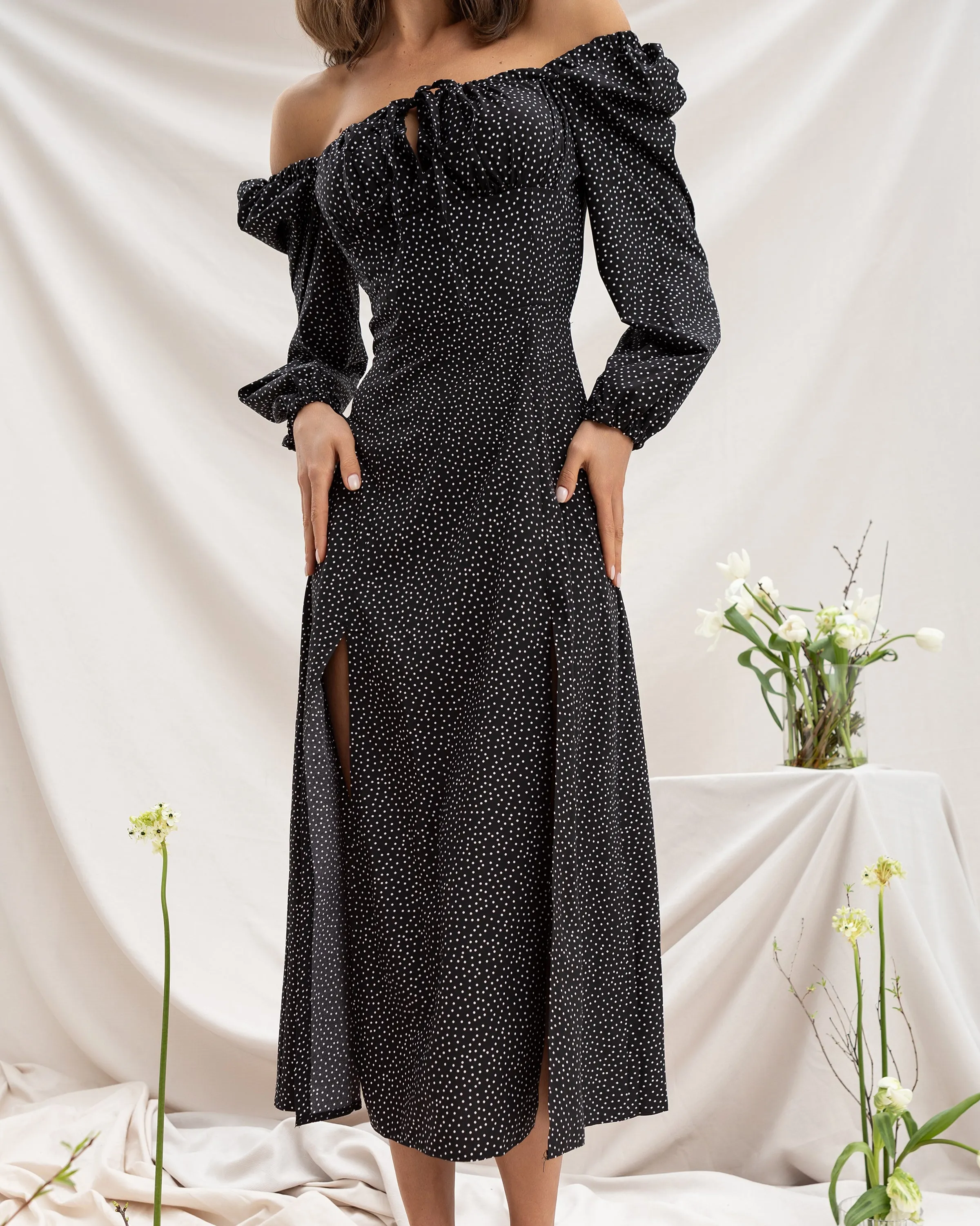 Black Polka-Dot Puff Sleeve Midi Dress