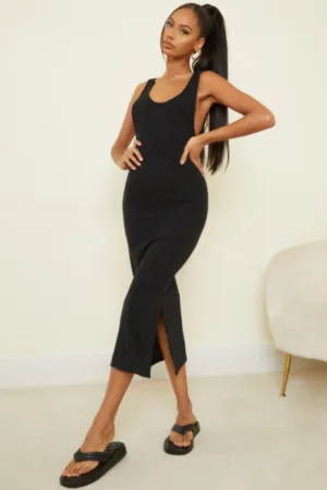 Black Scoop Neck Midi Bodycon Dress