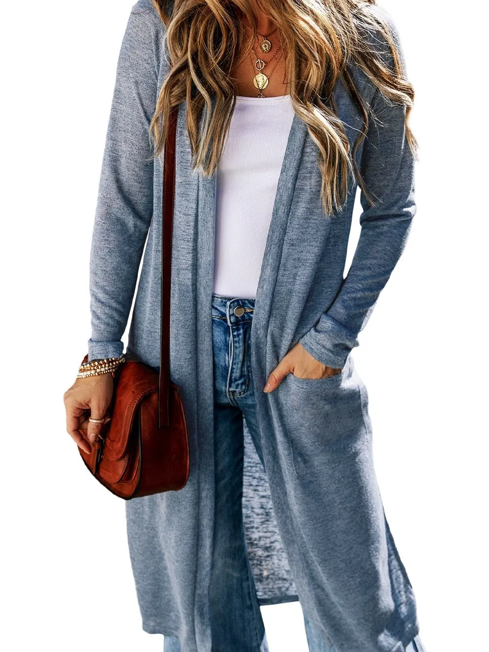 Blue Slub Knit Open-Front Maxi Cardigan with Pockets