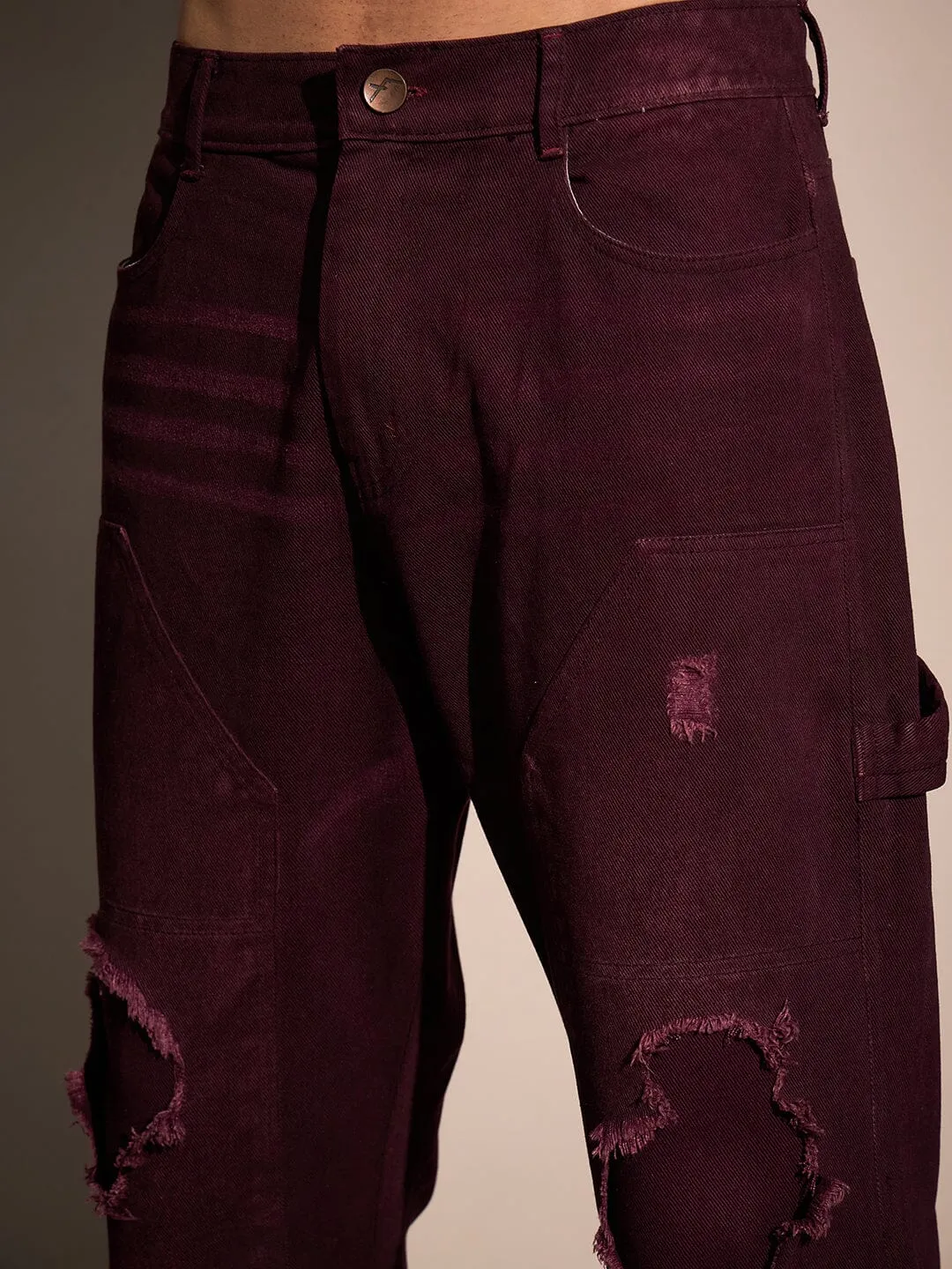 Burgundy Carpenter Distressed Denim