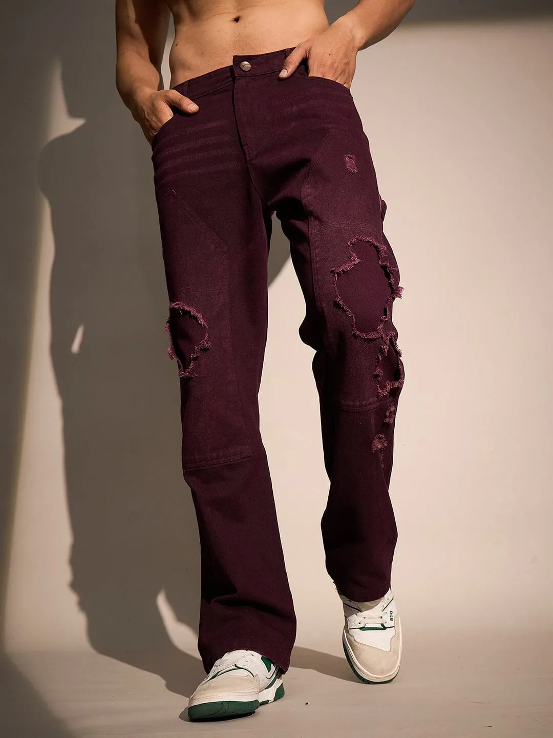 Burgundy Carpenter Distressed Denim