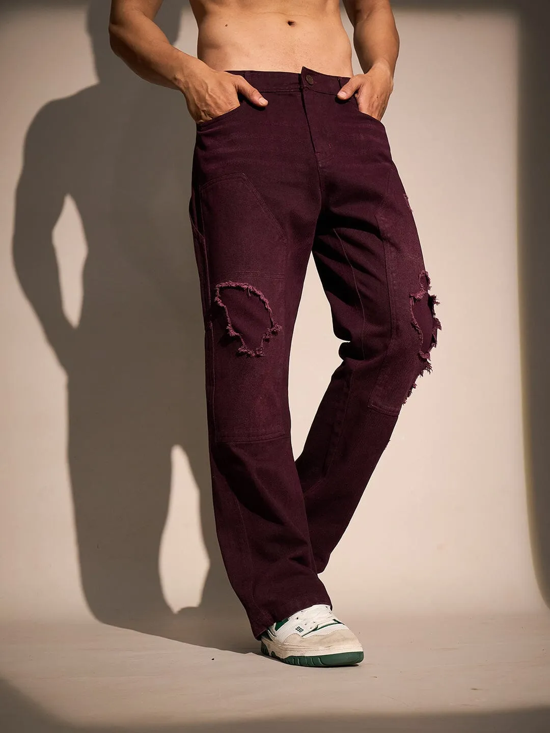 Burgundy Carpenter Distressed Denim