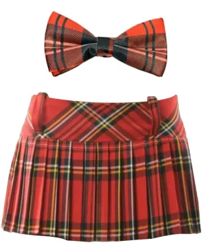 Burn's Night Scottish Red Tartan Pleated Skirt Bow Tie School Girls Fancy Dress