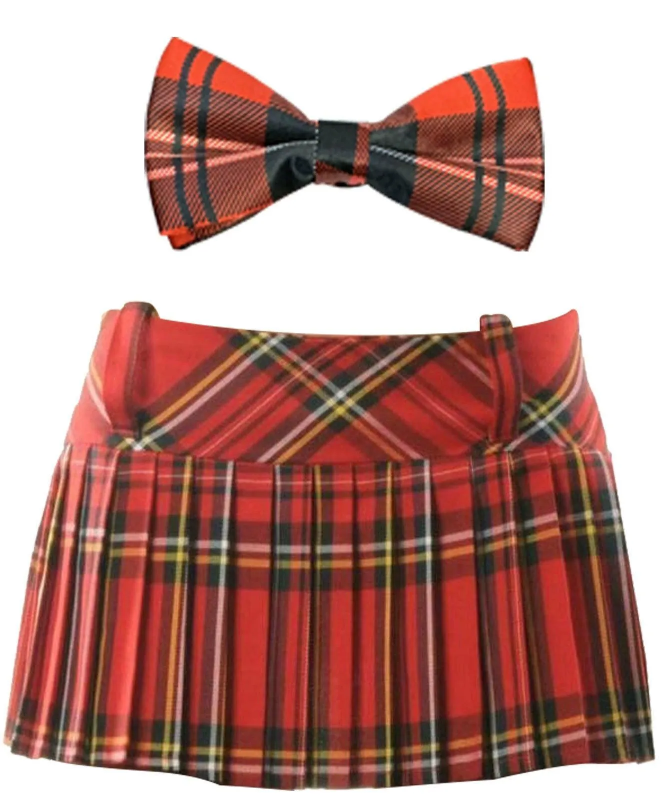 Burn's Night Scottish Red Tartan Pleated Skirt Bow Tie School Girls Fancy Dress