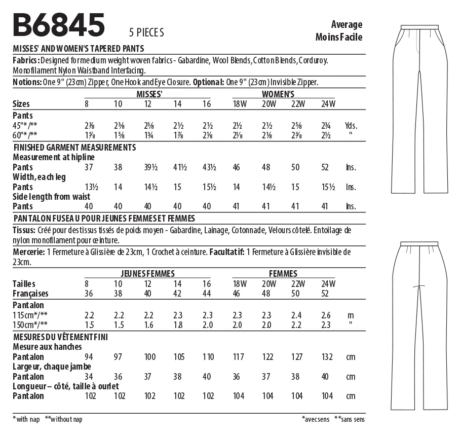 Butterick Pattern B6845 Misses' & Women's Tapered Pants