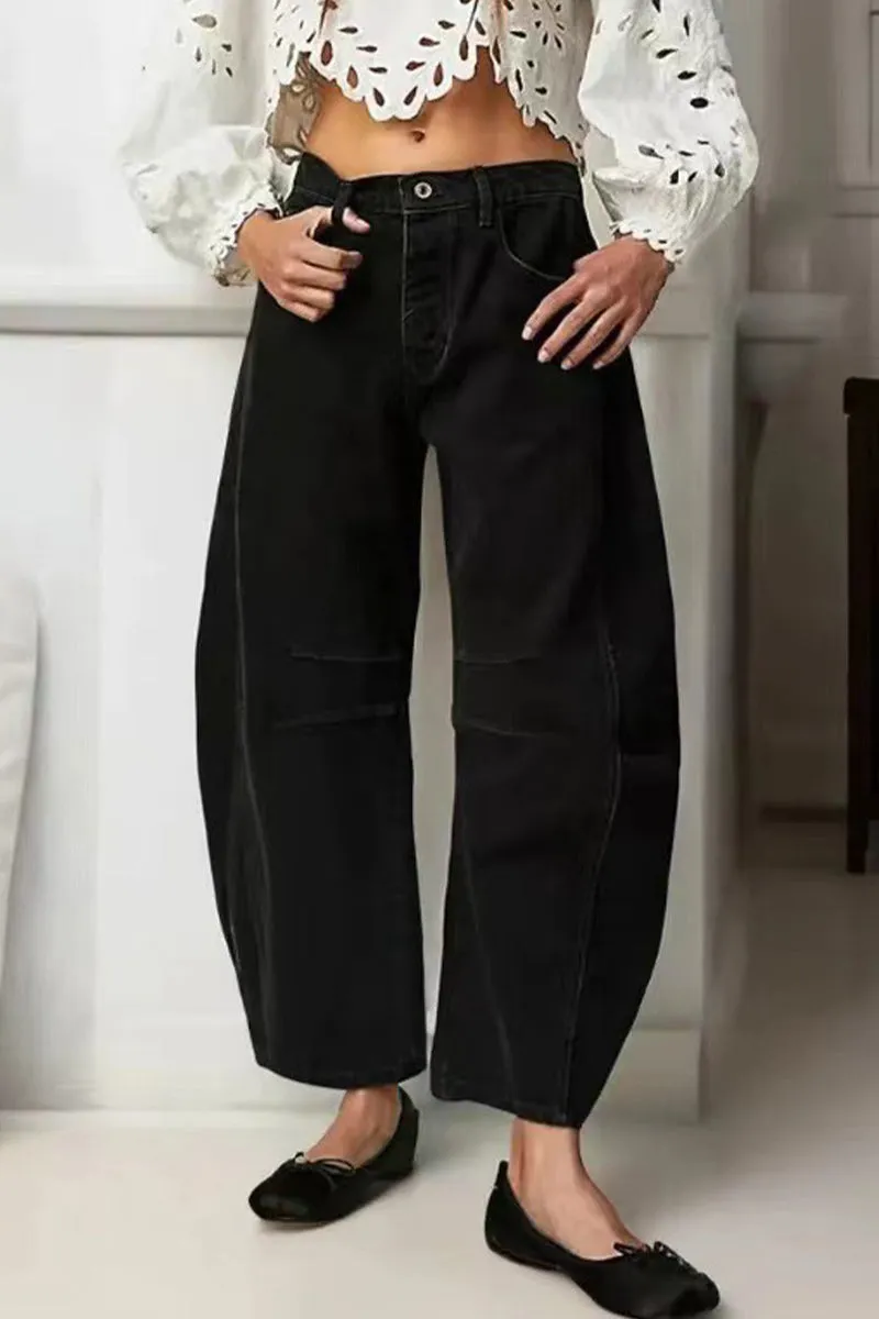 Casual Solid Make Old Pocket High Waist Loose Denim Jeans