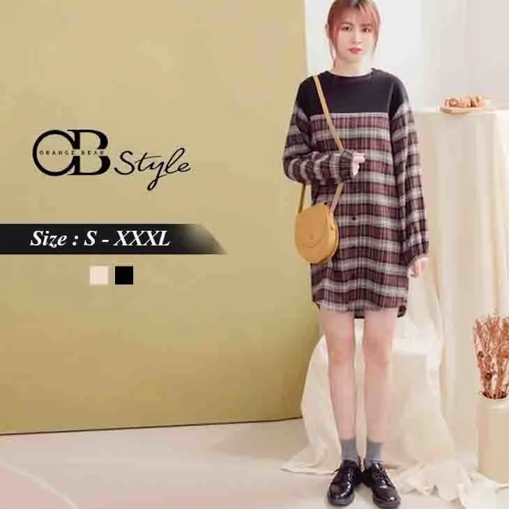 CHECKED LONG SLEEVE SHIFT DRESS