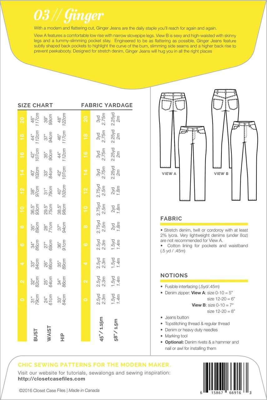 Closet Core - Ginger Skinny Jeans Sewing Pattern