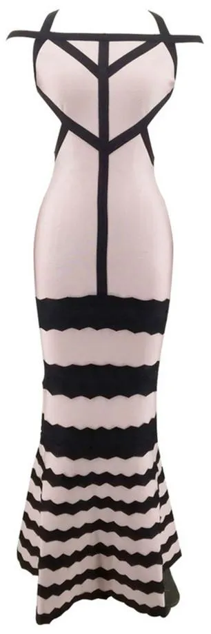 Color-Contrasting Strappy Fluted Bodycon Maxi Dress