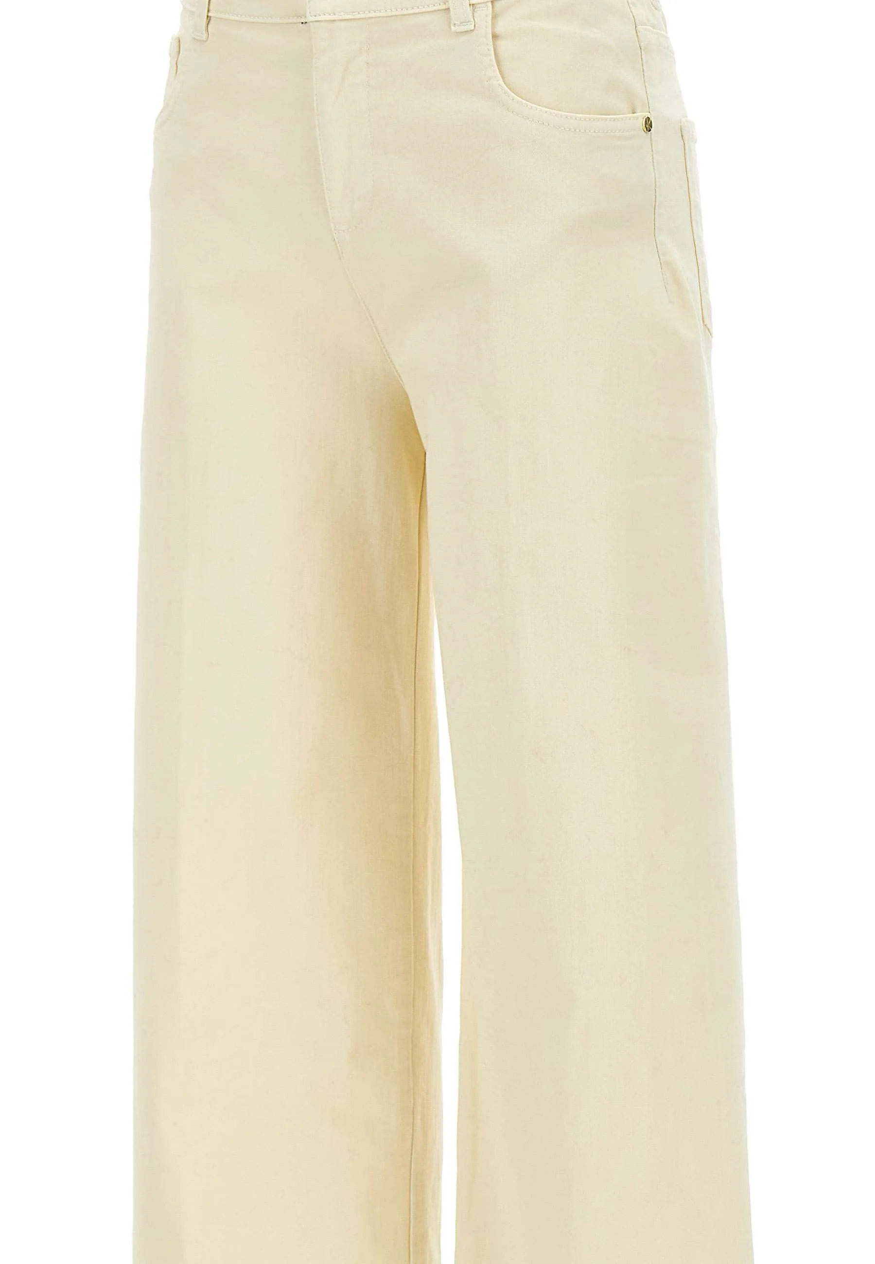 Cream Stretch Denim Wide Leg Jeans