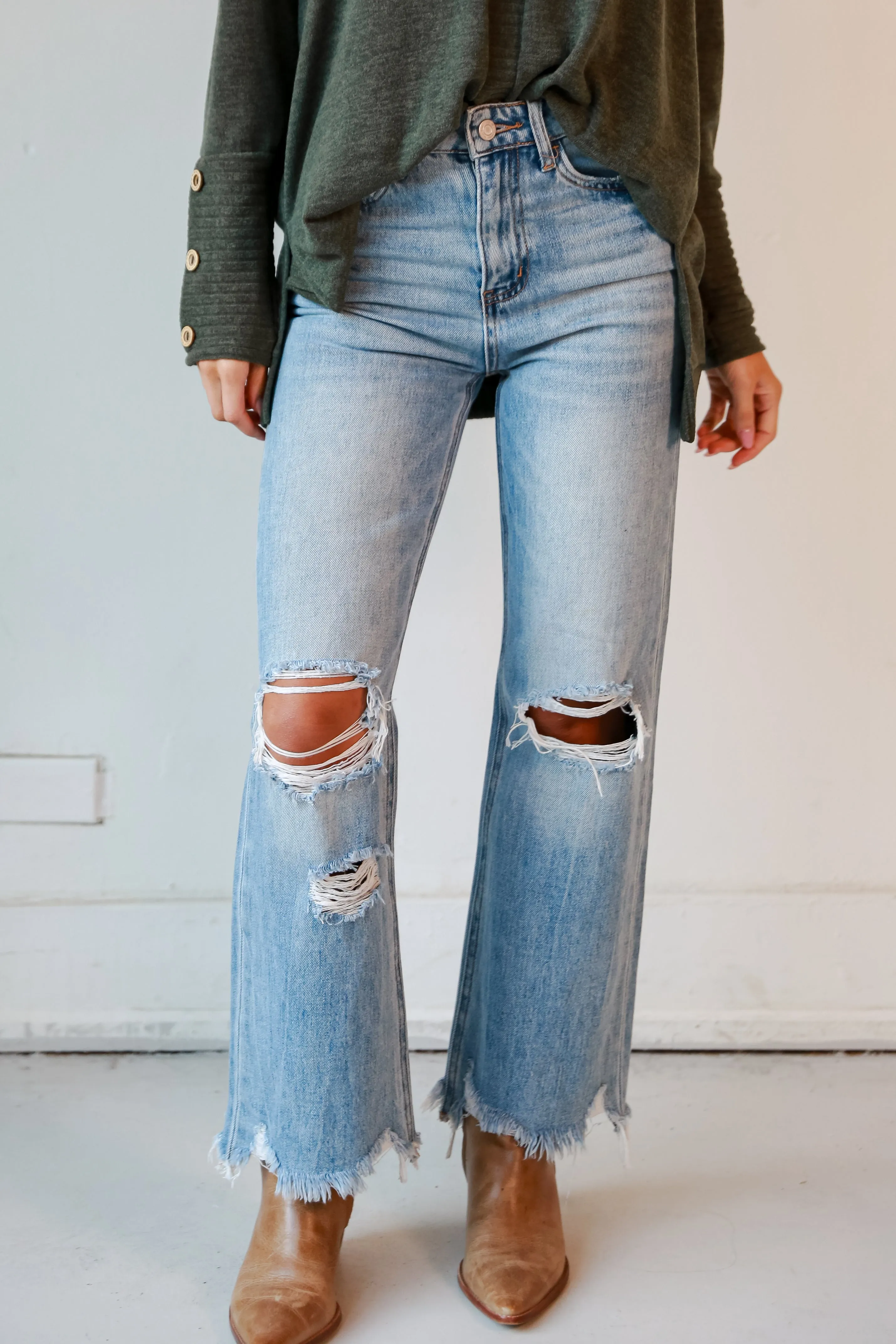 Crystal Medium Wash 90s Vintage Distressed Flare Jeans