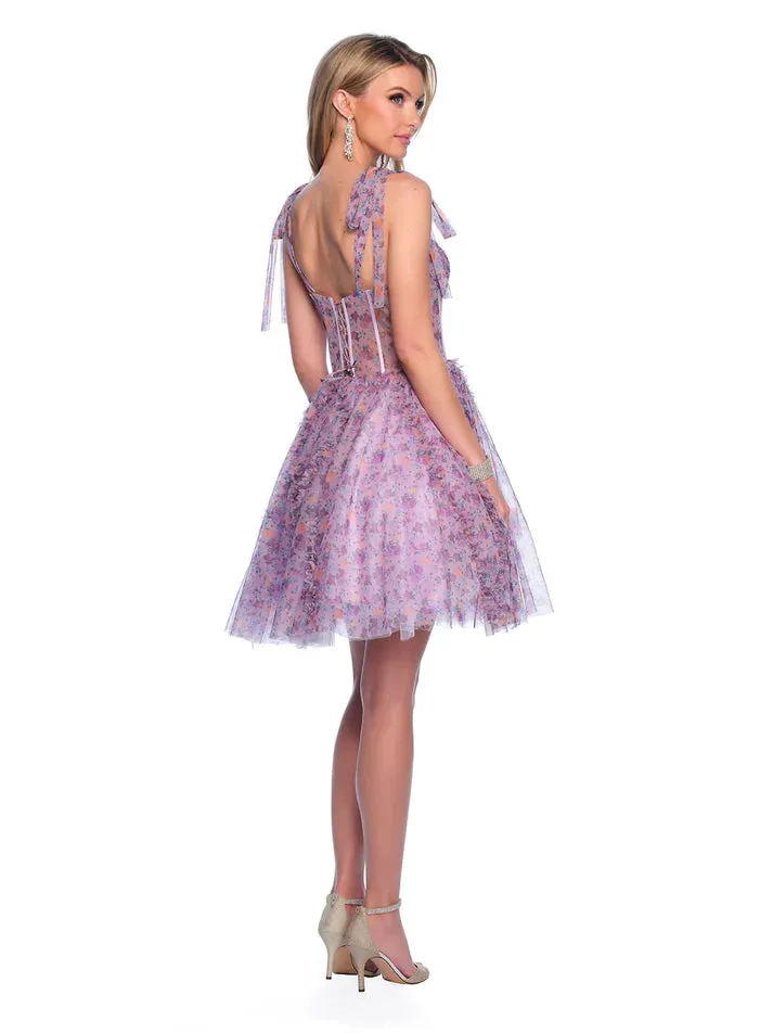 Dave & Johnny 11752 Pleated Print Sheer Corset Homecoming Dress Floral Ruffle Skirt Gown