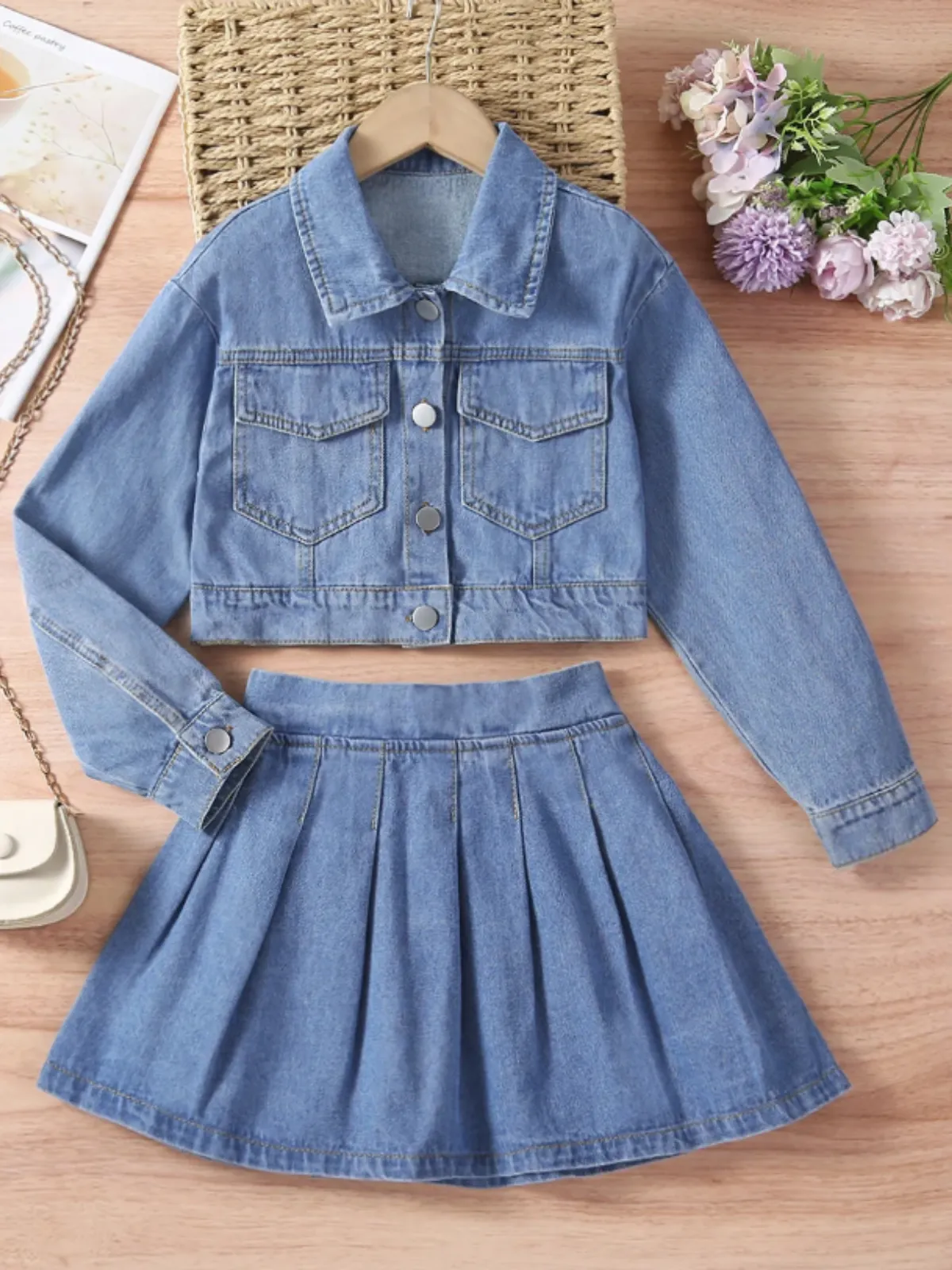 Denim Duet Pleated Denim Skirt Set