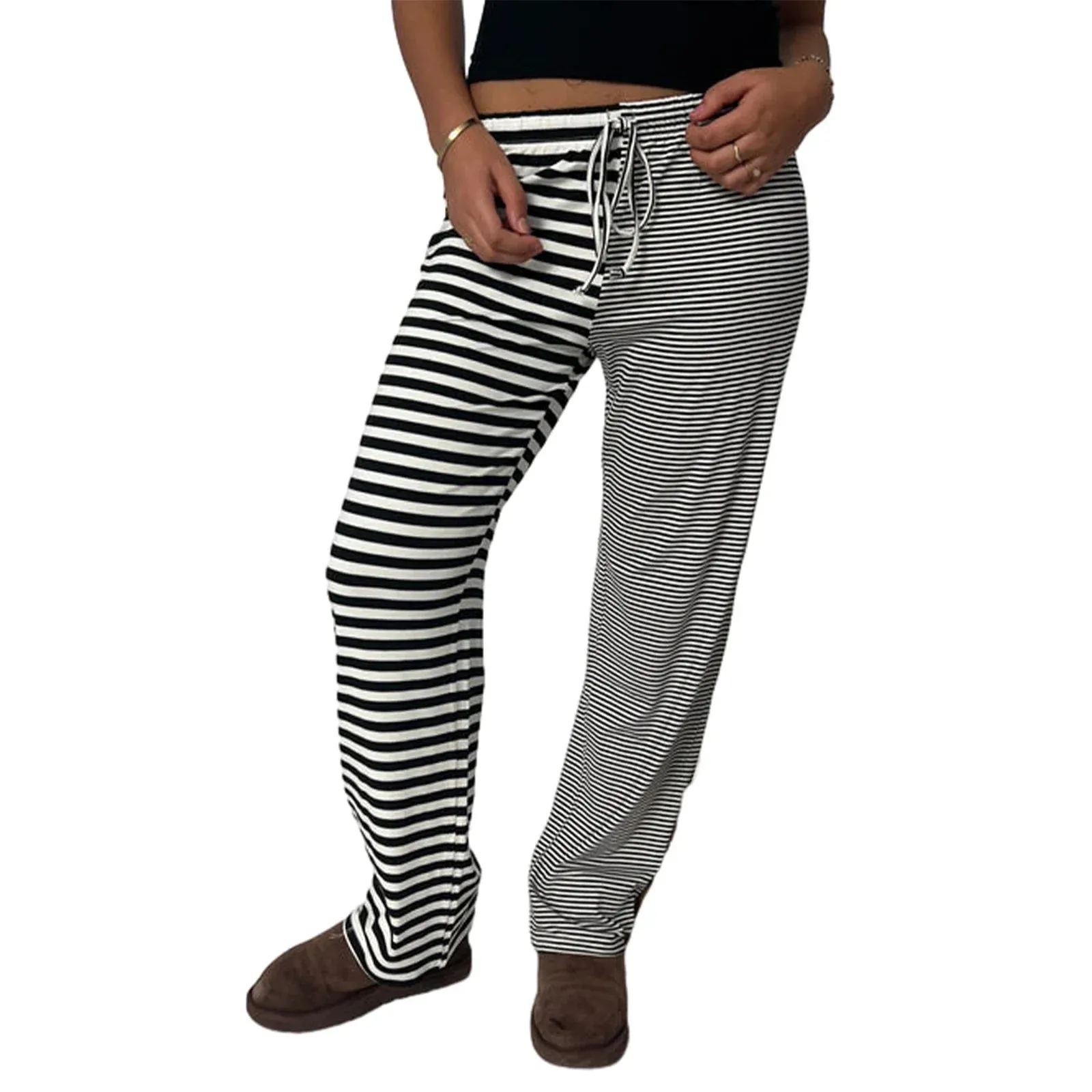 Drawstring Elastic Waist Striped Spring Summer Lounge Sweat Loose Pants