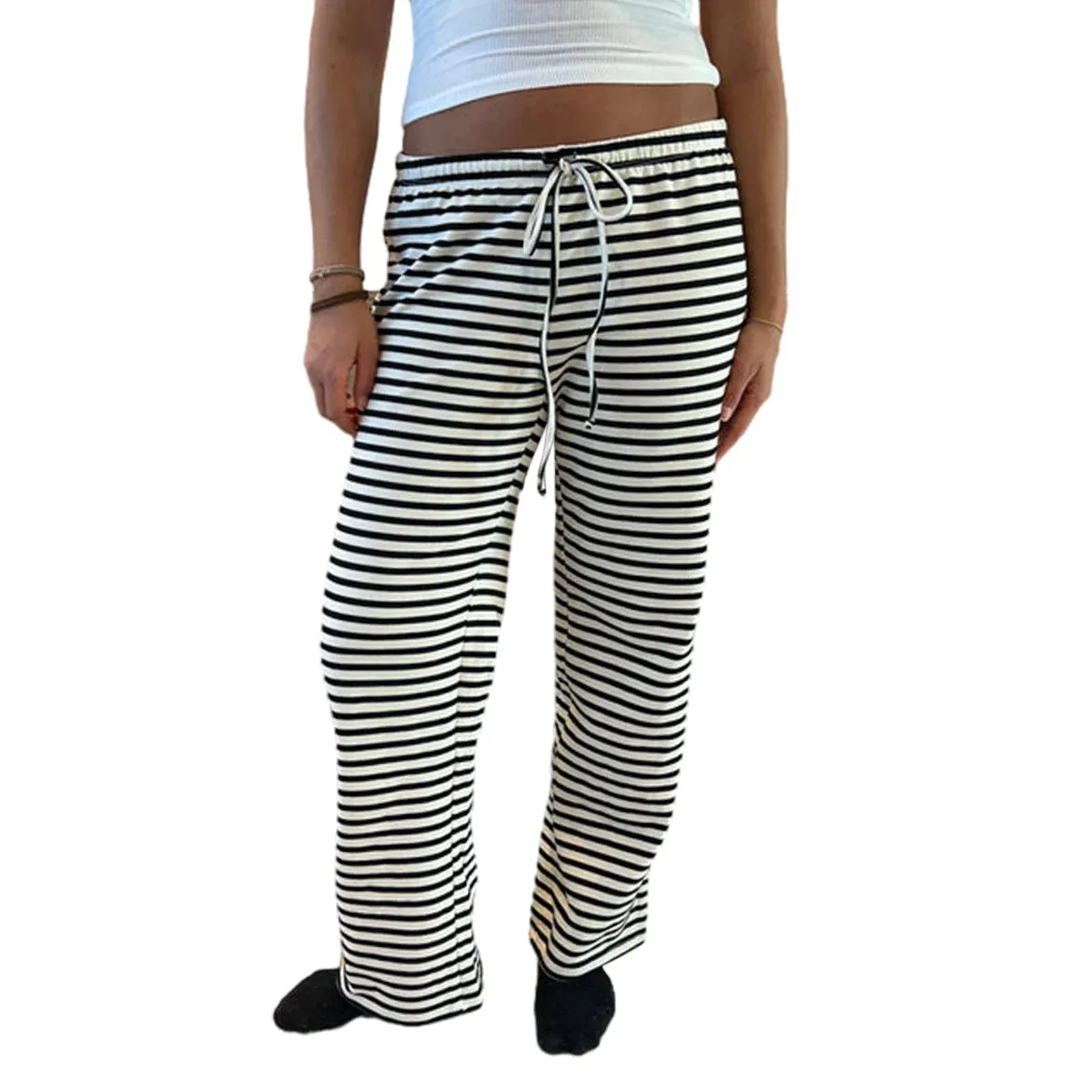 Drawstring Elastic Waist Striped Spring Summer Lounge Sweat Loose Pants