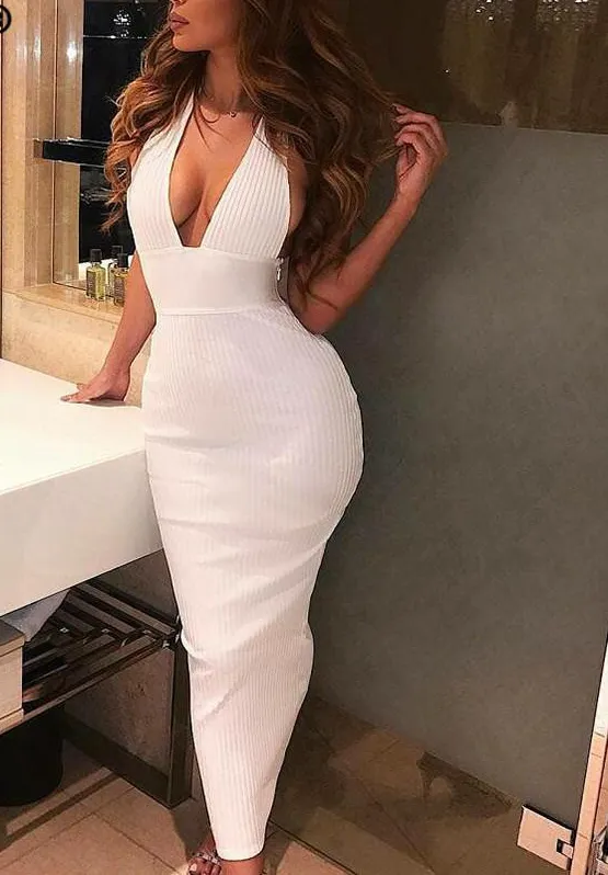 Elegant Sexy Ankle-Length Off Shoulder White Knitted Pencil Dress For Party