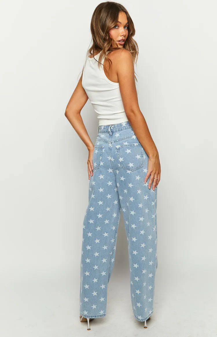 Eli Star Print Mid Wash Wide Leg Denim Jeans