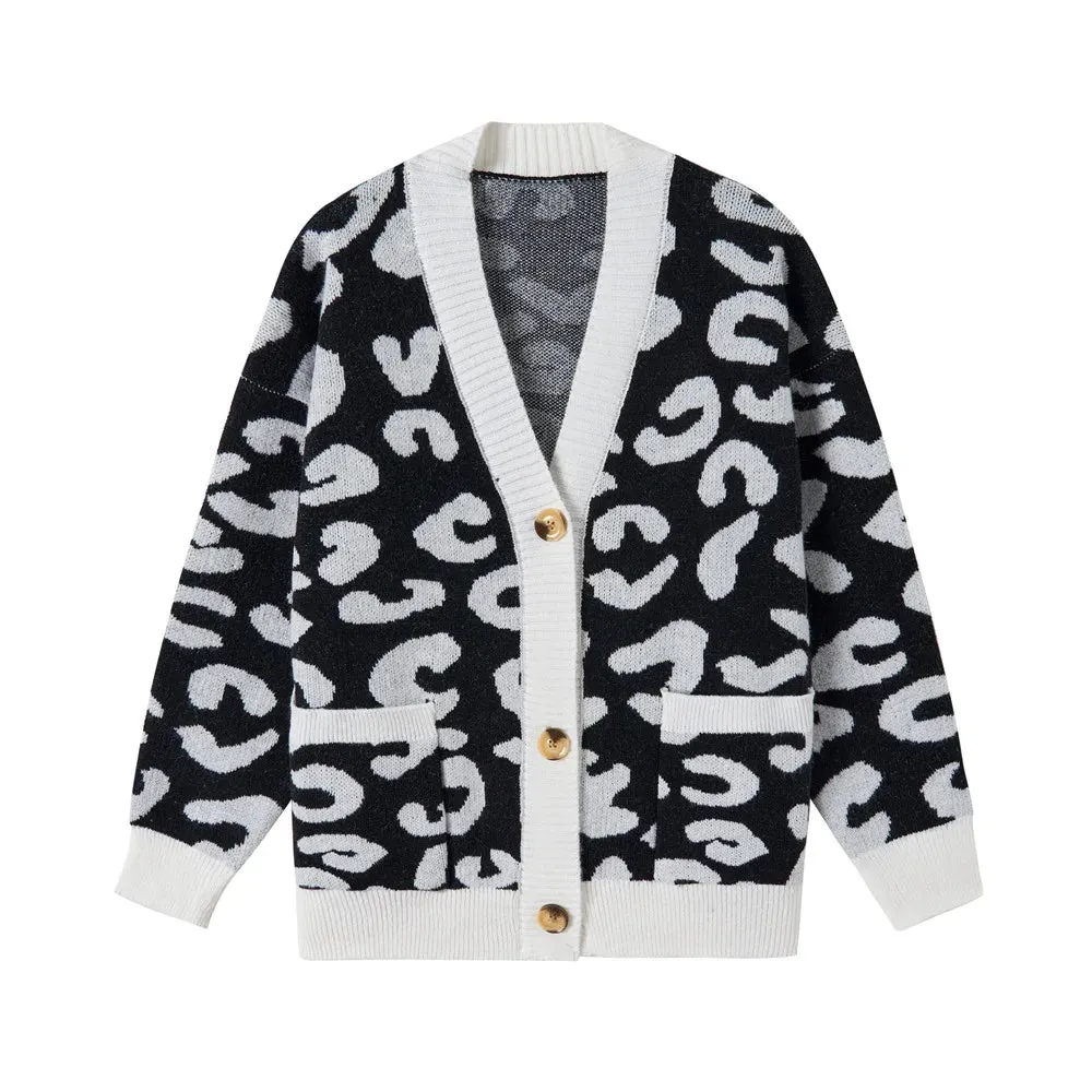 Fall Winter Leopard Jacquard Cardigan Women with Buttons Oversized Jacket Loose Warm Knitted Cardigan for Women C-136