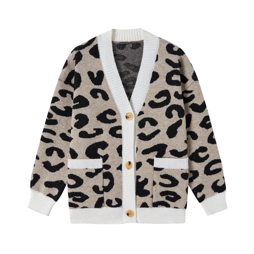 Fall Winter Leopard Jacquard Cardigan Women with Buttons Oversized Jacket Loose Warm Knitted Cardigan for Women C-136