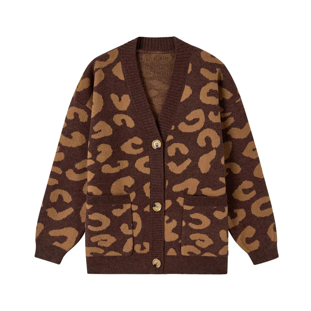 Fall Winter Leopard Jacquard Cardigan Women with Buttons Oversized Jacket Loose Warm Knitted Cardigan for Women C-136