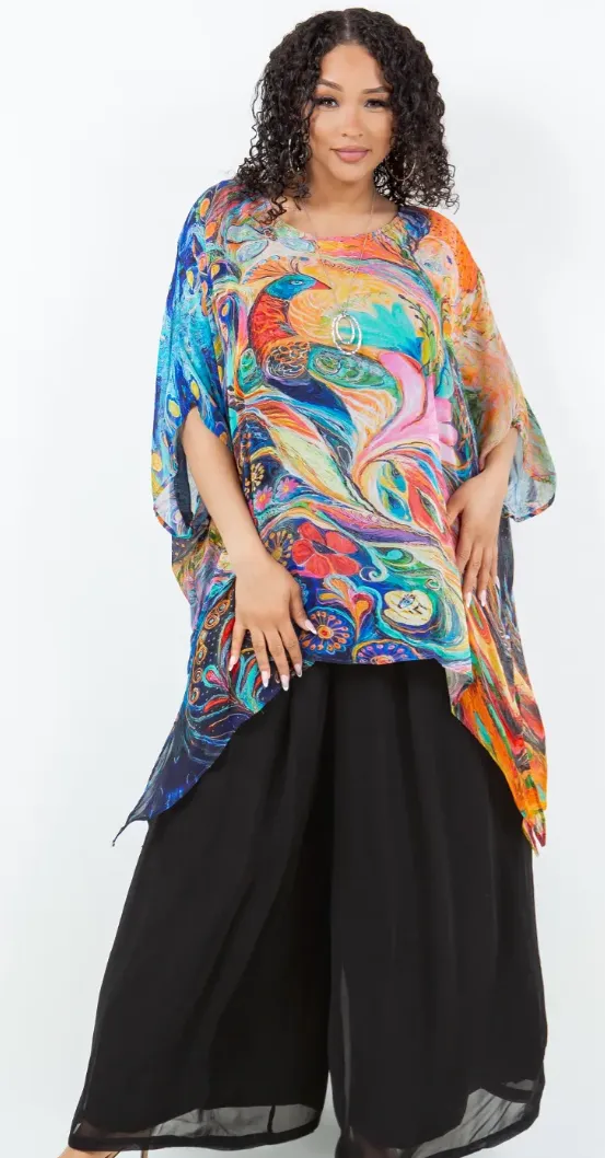 Fantasy Peacock Oversize Tunic Top Lagenlook Boho Hippie Chic SML-6X 