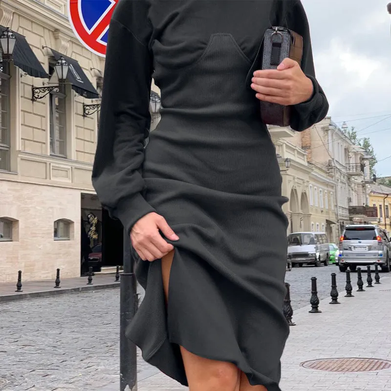 Fashion splicing dress female round neck long sleeve slit bag hip long sleeve mid-length dress