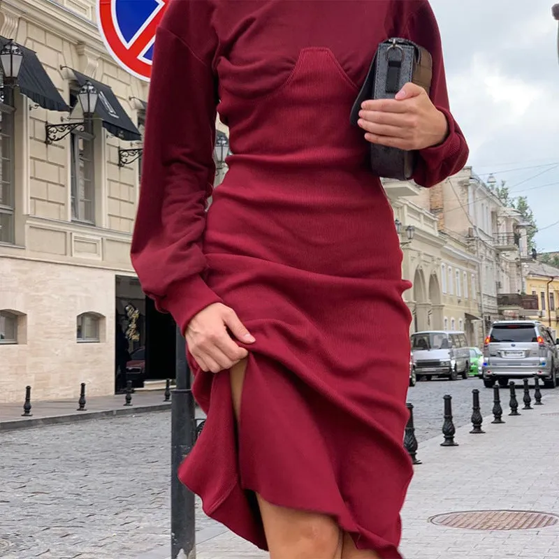 Fashion splicing dress female round neck long sleeve slit bag hip long sleeve mid-length dress