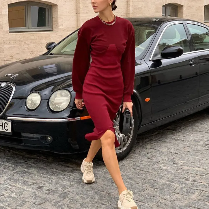 Fashion splicing dress female round neck long sleeve slit bag hip long sleeve mid-length dress