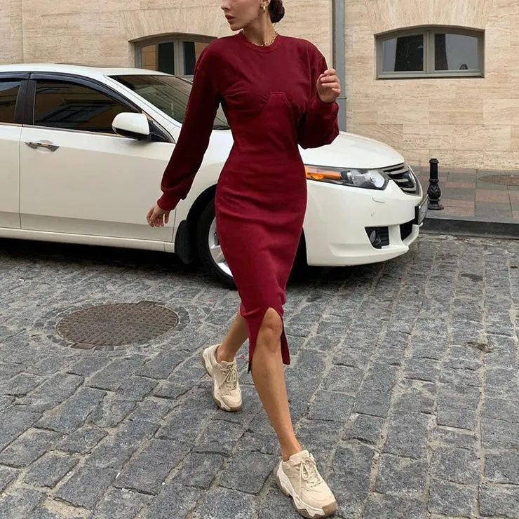 Fashion splicing dress female round neck long sleeve slit bag hip long sleeve mid-length dress